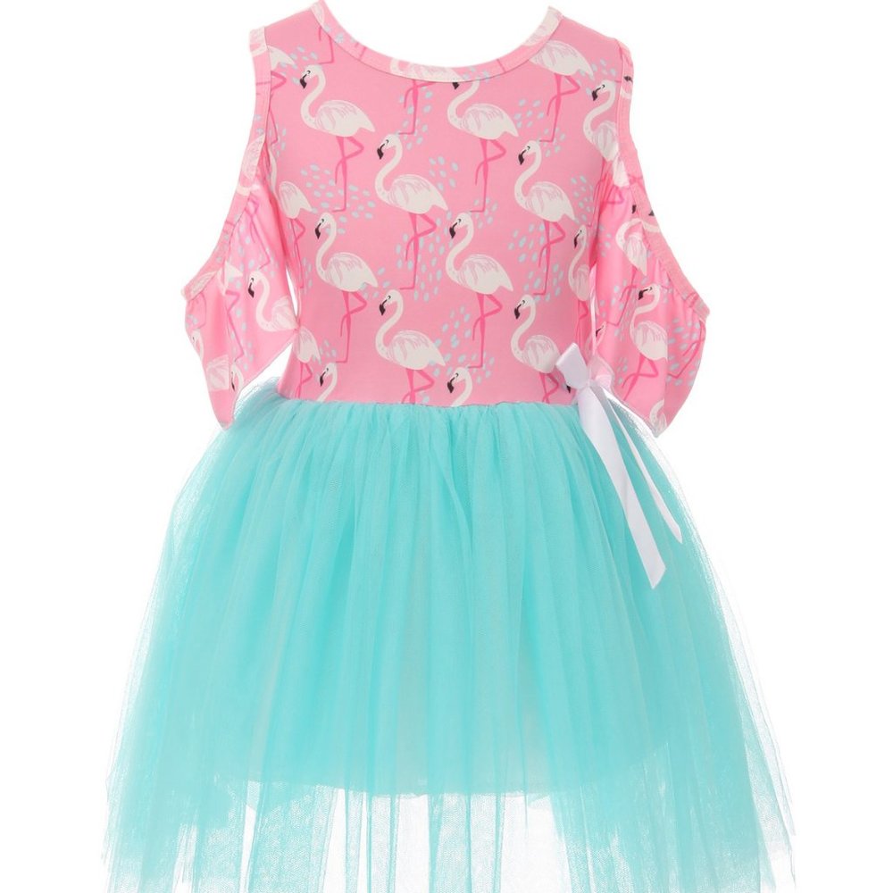Little Girl Dress Kids Flamingo Cold Shoulder Tutu Tulle Girl Dress Summer Party